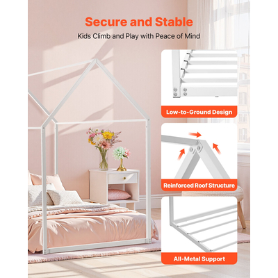 Σκελετός κρεβατιού VEVOR για δύο άτομα, μεταλλικός, παιδικός σκελετός δαπέδου με στέγη, λευκό
