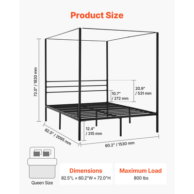VEVOR Κρεβάτι Queen Size με Σκελετό, Μεταλλικό Κρεβάτι με Σκελετό και Τέσσερις Πόστερ, Μαύρο