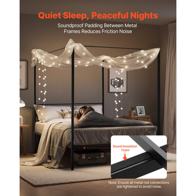 VEVOR Κρεβάτι Queen Size με Σκελετό, Μεταλλικό Κρεβάτι με Σκελετό και Τέσσερις Πόστερ, Μαύρο