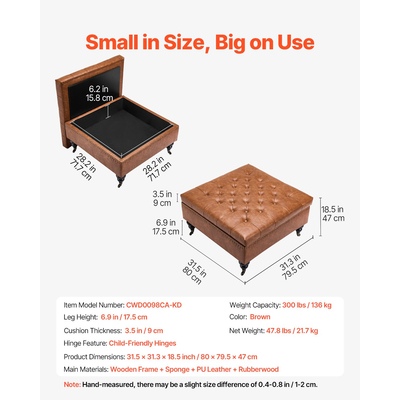 VEVOR 31 ιντσών τετράγωνο δερμάτινο τραπεζάκι σαλονιού με αποθηκευτικό χώρο για σαλόνι