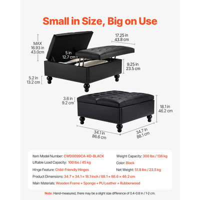 VEVOR 34 ιντσών τετράγωνο δερμάτινο τραπεζάκι σαλονιού με αποθηκευτικό χώρο για σαλόνι