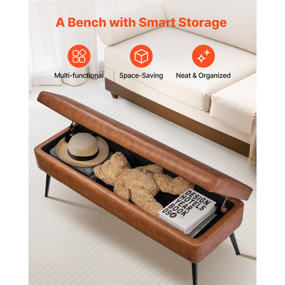 Πάγκος οσμαν VEVOR από δέρμα PU με αποθηκευτικό χώρο και μεταλλικά πόδια, καφέ