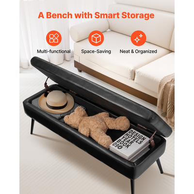 VEVOR Πάγκος Οθωμανικής Χρήσης από Δέρμα PU με Αποθήκευση & Μεταλλικά Πόδια, Μαύρο