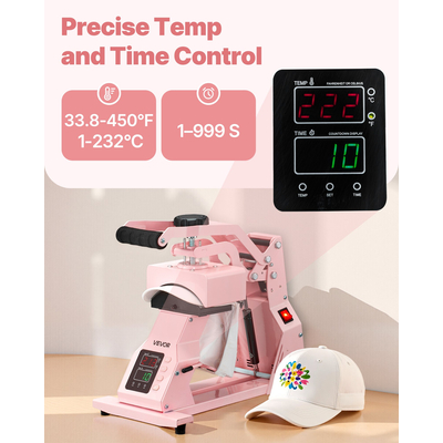 VEVOR Μηχανή Θερμικής Πίεσης για Καπέλα, Πρέσα για Καπέλα με 4 Πλάκες για HTV Ροζ