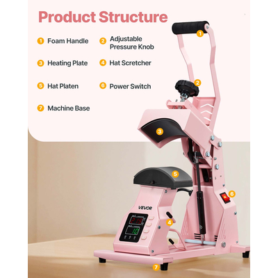 VEVOR Μηχανή Θερμικής Πίεσης για Καπέλα, Πρέσα για Καπέλα με 4 Πλάκες για HTV Ροζ