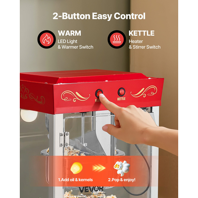 Μηχανή για ποπ κορν VEVOR Επιτραπέζια μηχανή για ποπ κορν 800W 0.2kg Βραστήρας Κόκκινος