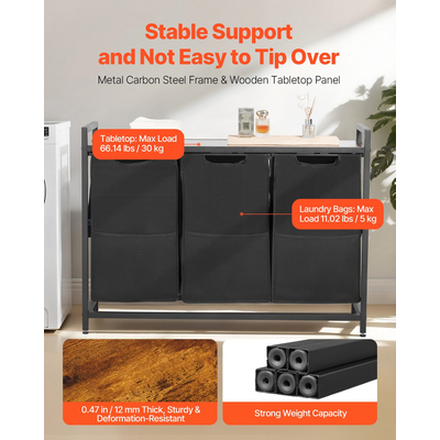 VEVOR Διαλογέας Ρούχων 3 Τμημάτων με Σακούλες Αφαιρούμενης Χρήσης, Μεταλλικό Σκελετό & Ξύλινη Επιφάνεια