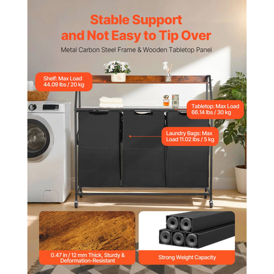 VEVOR 2 Επίπεδη Ψηλή Καλάθι Ρούχων με Ρόδες και Γάντζους 3 Τμημάτων