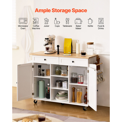 VEVOR 132cm Καρότσι Κουζίνας με Τροχαίο Ντουλάπι Αποθήκευσης Τραπέζι Συρτάρι με Πτυσσόμενο Φύλλο
