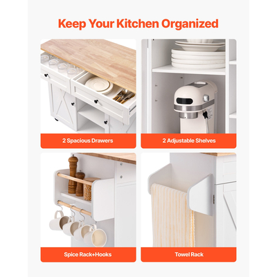 VEVOR 132cm Καρότσι Κουζίνας με Τροχαίο Ντουλάπι Αποθήκευσης Τραπέζι Συρτάρι με Πτυσσόμενο Φύλλο