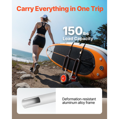Καρότσι καγιάκ VEVOR, Χωρητικότητα φορτίου 68,0 kg, Τρόλεϊ σανίδας με όρθια λαβή και ελαστικά από συμπαγές καουτσούκ 25,4 cm και βάσεις στήριξης, Μεταφορά σανίδας με ιμάντα καστάνιας για μεταφορά σανίδας paddle & surf