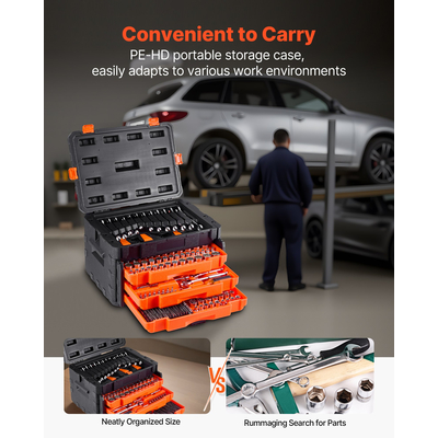 Σετ εργαλείων μηχανικής VEVOR Σετ καρυδάκια 450 τεμαχίων με πορτοκαλί συρτάρι 6,4/9,5/12,7 mm