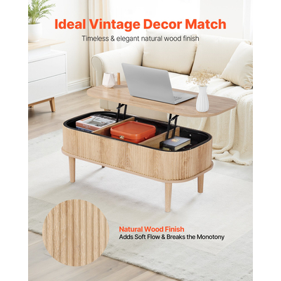 Τραπεζάκι σαλονιού VEVOR 1000mm με ανασηκούμενη επιφάνεια, οβάλ, ραβδωτό, κρυφό τμήμα, από ξύλο Burlywood