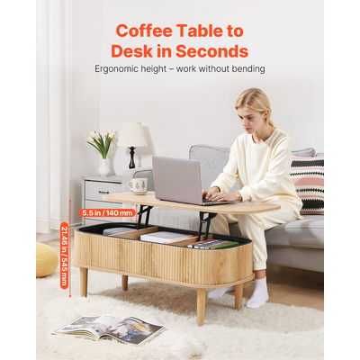 Τραπεζάκι σαλονιού VEVOR 1000mm με ανασηκούμενη επιφάνεια, οβάλ, ραβδωτό, κρυφό τμήμα, από ξύλο Burlywood