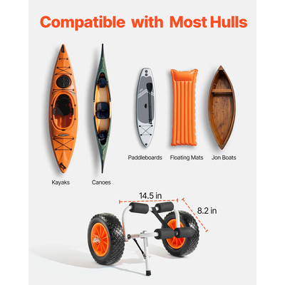 Καρότσι καγιάκ VEVOR, Χωρητικότητα φορτίου 90 kg, Πτυσσόμενο καρότσι καγιάκ με συμπαγή ελαστικά 25,4 cm & 1 ιμάντα καστάνιας, Καρότσι σανίδας για μεταφορά καγιάκ, κανό, σανίδων κωπηλασίας, χαλιών επίπλευσης, σκαφών Jon