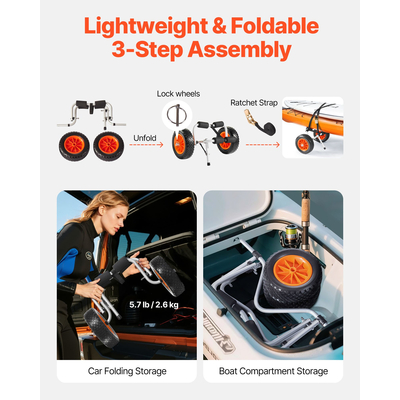 Καρότσι καγιάκ VEVOR, Χωρητικότητα φορτίου 90 kg, Πτυσσόμενο καρότσι καγιάκ με συμπαγή ελαστικά 25,4 cm & 1 ιμάντα καστάνιας, Καρότσι σανίδας για μεταφορά καγιάκ, κανό, σανίδων κωπηλασίας, χαλιών επίπλευσης, σκαφών Jon