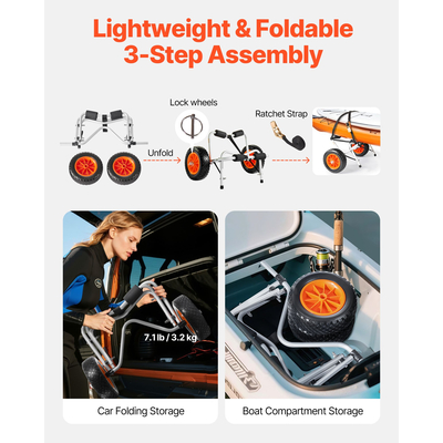 Καρότσι καγιάκ VEVOR, Χωρητικότητα φορτίου 113,4 kg, Πτυσσόμενο καρότσι καγιάκ με συμπαγή ελαστικά 25,4 cm & 1 ιμάντα καστάνιας, Καρότσι σανίδας για μεταφορά καγιάκ, κανό, σανίδων κωπηλασίας, χαλιών επίπλευσης, σκαφών Jon