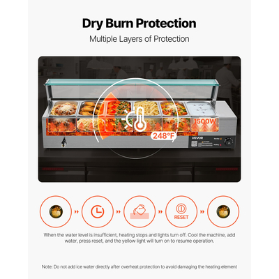 VEVOR Επαγγελματικός Θερμαντήρας Φαγητού 6 x 1/3 Τηγάνια Μπεν Μαρί Μπουφέ με Γυάλινο Κάλυμμα