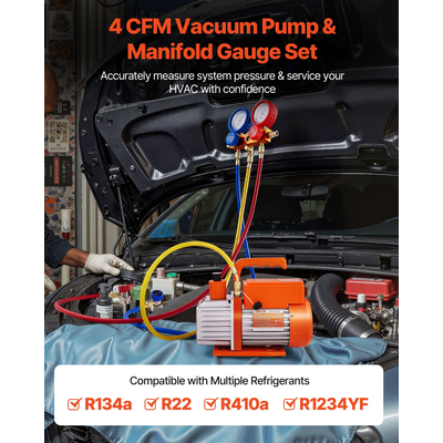 Αντλία κενού AC VEVOR 115 L/min και σετ μετρητών, Μονοβάθμια, Αντλία κενού αέρα HVAC με περιστροφικό πτερύγιο, Κιτ μετρητή πολλαπλής μέτρησης ψυκτικού A/C, με ανιχνευτή διαρροών, Τσάντα μεταφοράς, για ψυκτικό R134a R22 R410a R1234YF