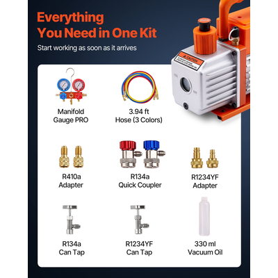 Αντλία κενού AC VEVOR 115 L/min και σετ μετρητών, Μονοβάθμια, Αντλία κενού αέρα HVAC με περιστροφικό πτερύγιο, Κιτ μετρητή πολλαπλής μέτρησης ψυκτικού A/C, με ανιχνευτή διαρροών, Τσάντα μεταφοράς, για ψυκτικό R134a R22 R410a R1234YF