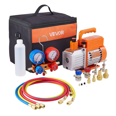 Αντλία κενού AC VEVOR 115 L/min και σετ μετρητών, Μονοβάθμια, Αντλία κενού αέρα HVAC με περιστροφικό πτερύγιο, Κιτ μετρητή πολλαπλής μέτρησης ψυκτικού A/C, με ανιχνευτή διαρροών, Τσάντα μεταφοράς, για ψυκτικό R134a R22 R410a R1234YF
