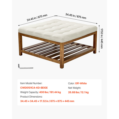 Μεγάλο τετράγωνο τραπεζάκι σαλονιού VEVOE, τραπεζάκι σαλονιού με φουντωτά 87,5 cm με αποθηκευτικό χώρο από μασίφ ξύλο, υποπόδιο από μασίφ λινό για υπνοδωμάτιο και σαλόνι, 400 λίβρες, υπόλευκο