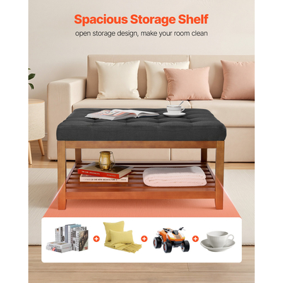 Μεγάλο τετράγωνο τραπεζάκι σαλονιού VEVOE, τραπεζάκι σαλονιού με φουντωτά 87,5 cm με αποθηκευτικό χώρο από μασίφ ξύλο, υποπόδιο από μασίφ λινό για υπνοδωμάτιο και σαλόνι, 400 λίβρες, σκούρο γκρι