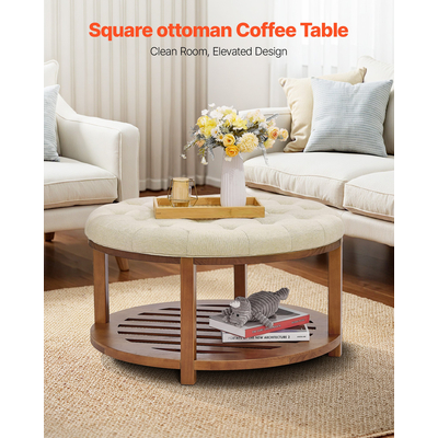 Μεγάλο στρογγυλό τραπεζάκι σαλονιού VEVOE, τραπεζάκι σαλονιού με φούντες 81 cm με αποθηκευτικό χώρο από μασίφ ξύλο, υποπόδιο από μασίφ λινό για υπνοδωμάτιο και σαλόνι, 350 λίβρες, χρώμα λινού