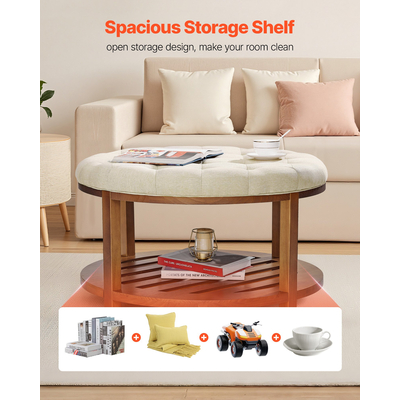 Μεγάλο στρογγυλό τραπεζάκι σαλονιού VEVOE, τραπεζάκι σαλονιού με φούντες 81 cm με αποθηκευτικό χώρο από μασίφ ξύλο, υποπόδιο από μασίφ λινό για υπνοδωμάτιο και σαλόνι, 350 λίβρες, χρώμα λινού