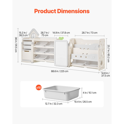 VEVOR Παιδική Βιβλιοθήκη και Αποθήκευση Παιχνιδιών με 10 Κινητά Πλαστικά Κάδους & Πίνακα Σχεδιασμού