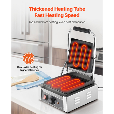 VEVOR Επαγγελματική Ψησταριά Panini, Ηλεκτρική Μηχανή Panini για Σάντουιτς 1800W, Πρέσα Σάντουιτς από Ανοξείδωτο Ατσάλι με Λαβή και Έλεγχο Θερμοκρασίας, Επίπεδη Πιάτο από Σμάλτο 22x23 cm, για Χάμπουργκερ, Μοσχάρι και Μπέικον