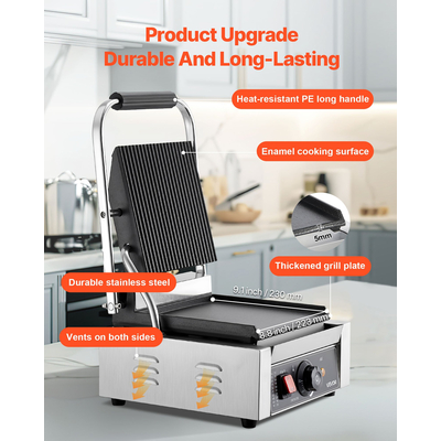 VEVOR Επαγγελματική Ψησταριά Panini, Ηλεκτρική Μηχανή Panini για Σάντουιτς 1800W, Πρέσα Σάντουιτς από Ανοξείδωτο Ατσάλι με Λαβή και Έλεγχο Θερμοκρασίας, Επίπεδη Πιάτο από Σμάλτο 22x23 cm, για Χάμπουργκερ, Μοσχάρι και Μπέικον