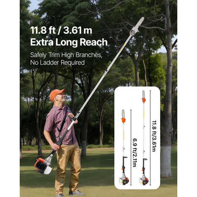 VEVOR Πριόνι Αερίου με Κοντάρι, Περιστρεφόμενη Κεφαλή 43CC 2-Stroke, 10 ίντσες, Μπάρα Κοπής