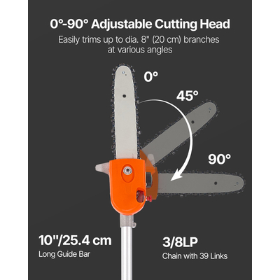 VEVOR Πριόνι Αερίου με Κοντάρι, Περιστρεφόμενη Κεφαλή 43CC 2-Stroke, 10 ίντσες, Μπάρα Κοπής