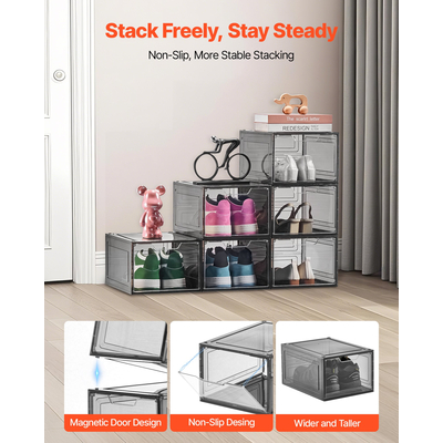 Κουτιά αποθήκευσης παπουτσιών VEVOR 6 τεμάχια στοιβαζόμενα κουτιά παπουτσιών US μέγεθος 13 διαφανή μαύρα