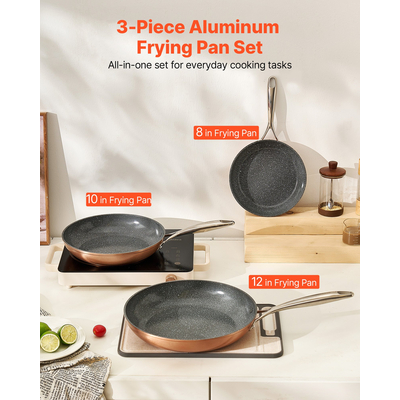 VEVOR Σετ 3 τεμαχίων τηγανιών αλουμινίου 200 270 300 mm με λαβή καρυκευμένου γκρι