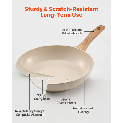 VEVOR Σετ 3 τεμαχίων τηγανιών αλουμινίου 200 240 280 mm με λαβή καρυκευμένου μπεζ