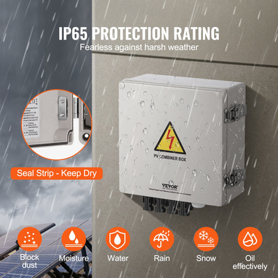 Κουτί συνδυασμού φωτοβολταϊκών VEVOR, 4 σειρών, κουτί συνδυασμού ηλιακών συλλεκτών με ασφάλεια ονομαστικού ρεύματος 10A, διακόπτη κυκλώματος 63A, αλεξικέραυνο και ηλιακό σύνδεσμο, πλαστική θήκη ABS για σύστημα ηλιακών συλλεκτών δικτύου ενεργοποίησης/απενεργοποίησης, IP65