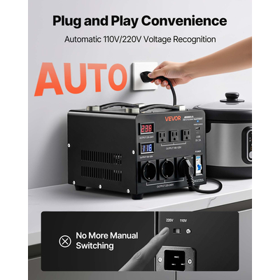Μετασχηματιστής αυτόματου μετατροπέα τάσης VEVOR, 6000VA, Μετασχηματιστής ισχύος ανύψωσης/μείωσης βαρέως τύπου, 110V σε 220V και 220V σε 110V, με 3 πρίζες ΗΠΑ, 3 πρίζες ΕΕ, οθόνη LCD, προστασία διακόπτη κυκλώματος
