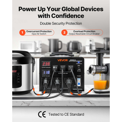 Μετασχηματιστής αυτόματου μετατροπέα τάσης VEVOR, 6000VA, Μετασχηματιστής ισχύος ανύψωσης/μείωσης βαρέως τύπου, 110V σε 220V και 220V σε 110V, με 3 πρίζες ΗΠΑ, 3 πρίζες ΕΕ, οθόνη LCD, προστασία διακόπτη κυκλώματος