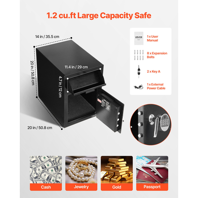 Χρηματοκιβώτιο VEVOR 1,2 κυβικών ποδιών με δυνατότητα πτώσης, μεγάλης χωρητικότητας με μπροστινή υποδοχή πτώσης και ψηφιακό πληκτρολόγιο, βαρέως τύπου 2 επιπέδων χρηματοκιβώτιο με εφεδρικά κλειδιά για μετρητά, τραπεζικό κουπόνι, κοσμήματα, έγγραφα, χαρτονομίσματα, μαύρο