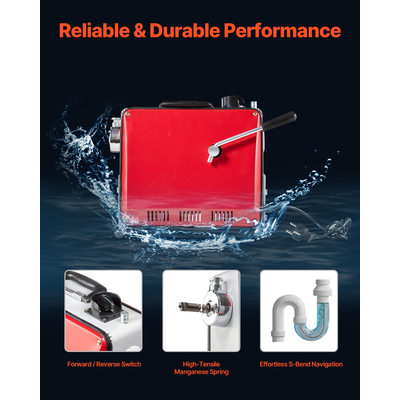 Μηχανή καθαρισμού αποχετεύσεων VEVOR, ηλεκτρική μηχανή καθαρισμού αποχετεύσεων σωλήνων 390W 1400RPM, τύπου Snake, με ατσάλινο ελατήριο 12m x 16mm, 4.5m x 16mm & 8m x 9.5mm και 6 κόφτες, κατάλληλη για σωλήνες διαμέτρου 50-110 mm