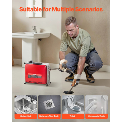 Μηχανή καθαρισμού αποχετεύσεων VEVOR, ηλεκτρική μηχανή καθαρισμού αποχετεύσεων σωλήνων 390W 1400RPM, τύπου Snake, με ατσάλινο ελατήριο 12m x 16mm, 4.5m x 16mm & 8m x 9.5mm και 6 κόφτες, κατάλληλη για σωλήνες διαμέτρου 50-110 mm