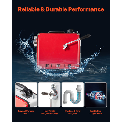 Μηχανή καθαρισμού αποχετεύσεων VEVOR, ηλεκτρική μηχανή καθαρισμού αποχετεύσεων σωλήνων 400W 1400RPM, τύπου Snake, με ατσάλινο ελατήριο 20m x 16mm, 5m x 9.5mm & 0.4mx 12mm και 6 κόφτες, κατάλληλη για σωλήνες διαμέτρου 50-110 mm