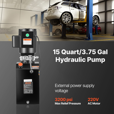 Μονάδα ισχύος υδραυλικής αντλίας VEVOR, AC 220V, Υδραυλική μονάδα μονής ενέργειας 15 λίτρων, Ροή λαδιού 6,3 L/min, Μέγιστη πίεση εκκένωσης 22 MPa για ανατρεπόμενο φορτηγό, συνεργείο αυτοκινήτων, πλατφόρμες ανύψωσης αυτοκινήτων, μαύρο