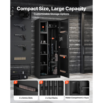 Χρηματοκιβώτιο όπλων VEVOR 4, Μακρύ ντουλάπι όπλων για τουφέκια και πιστόλια, Πυράντοχο χρηματοκιβώτιο τυφεκίων γρήγορης πρόσβασης με 3 υποδοχές πυρομαχικών και 2 ρυθμιζόμενες βάσεις, Μεγάλο ψηφιακό ντουλάπι με κλείδωμα με κλειδί και κωδικό πρόσβασης