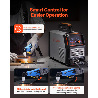 Κόφτης Πλάσματος VEVOR, Μηχανή κοπής πλάσματος 50A, Μηχανή κοπής IGBT Inverter ψηφιακής οθόνης 220V με λειτουργία 2T/4T & ρυθμιζόμενο χρόνο PA/PT για επισκευές στο σπίτι, εργαστήρια