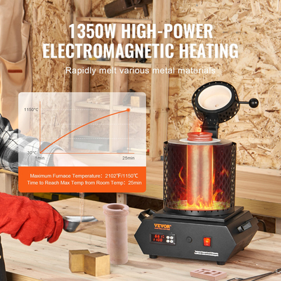 Φούρνος τήξης χρυσού VEVOR, 1350W, μέγιστη θερμοκρασία 1150°C, ψηφιακός ηλεκτρικός φούρνος τήξης με κεραμικά χωνευτήρια 1 kg και 3 kg, λαβίδες χωνευτηρίου και γάντια, για χρυσό, ασήμι, αλουμίνιο, χαλκό