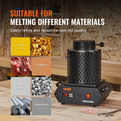Φούρνος τήξης χρυσού VEVOR, 1350W, μέγιστη θερμοκρασία 1150°C, ψηφιακός ηλεκτρικός φούρνος τήξης με κεραμικά χωνευτήρια 1 kg και 3 kg, λαβίδες χωνευτηρίου και γάντια, για χρυσό, ασήμι, αλουμίνιο, χαλκό