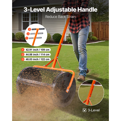 Διανομέας κομποστοποίησης VEVOR, Διανομέας τύρφης 24 ιντσών πλάτους με λαβή σε σχήμα Τ, Ρυθμιζόμενο σε 3 ύψη, Κύλινδρος τύρφης κήπου με ηλεκτροστατική βαφή από χάλυβα, Βαρέως τύπου διανομείς σπόρων χόρτου για φύτευση και σπορά